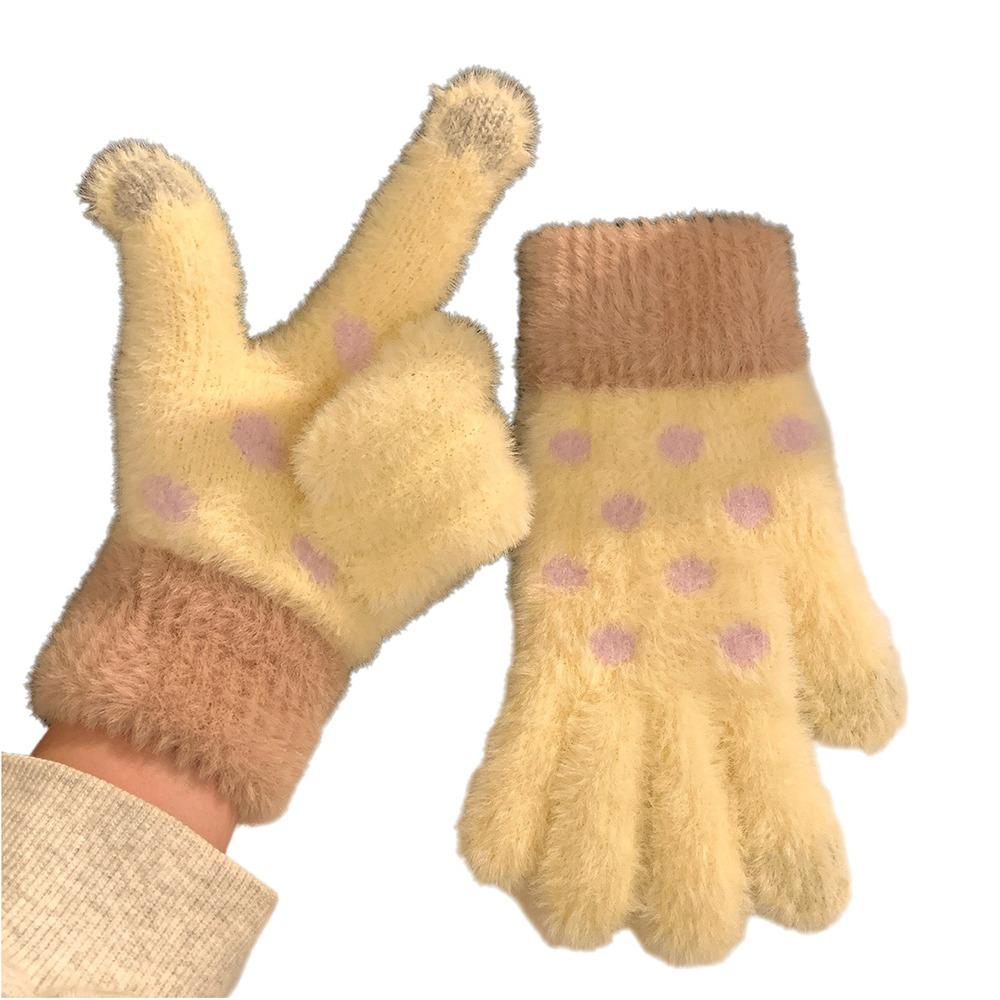 Polka Dot Five-Finger Gloves Touchscreen Warm Gloves Sweet Knitted Gloves Riding
