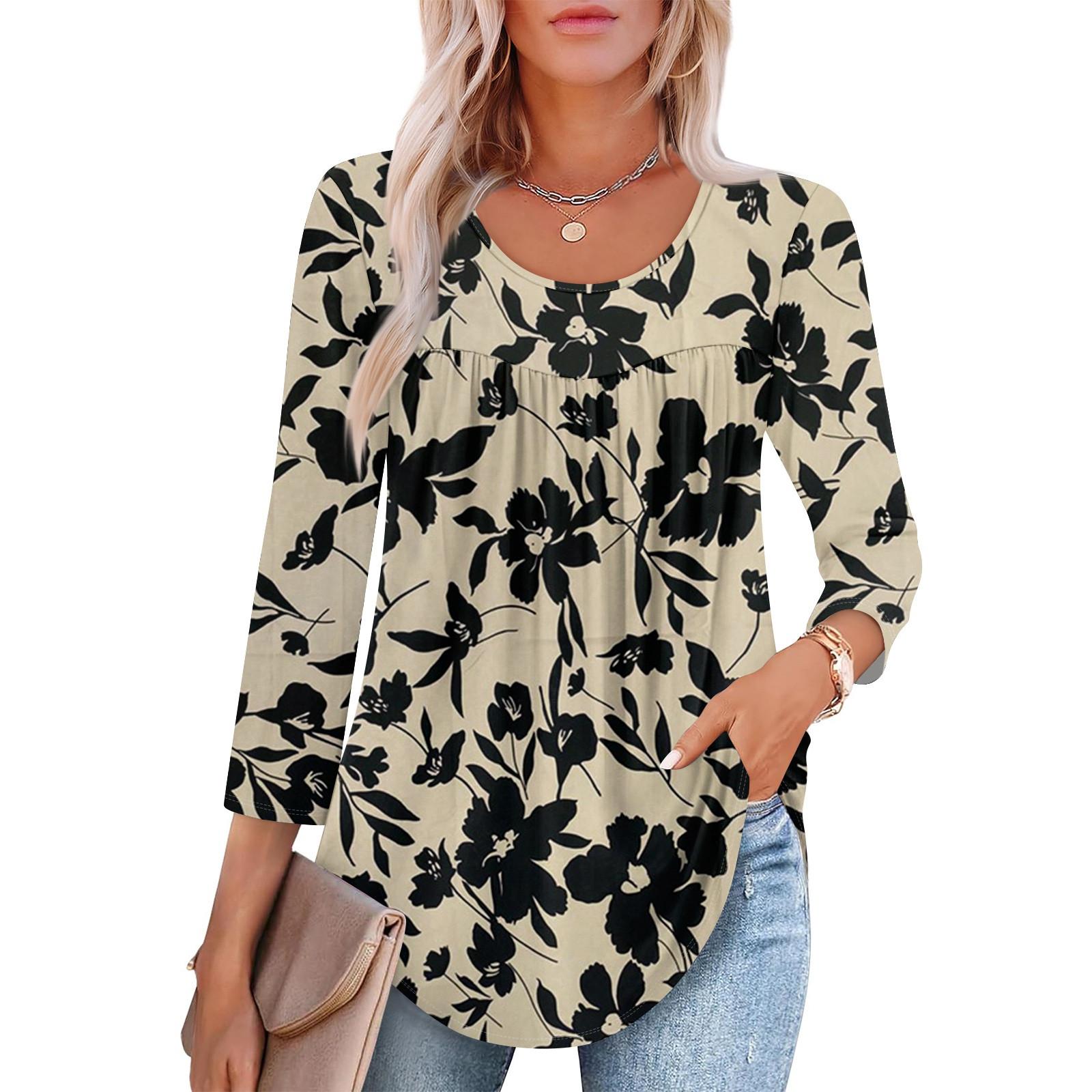 

Женский модный топ с рукавом семь восьмых, круглым вырезом, плиссированный, повседневный, с принтом S бронзовый