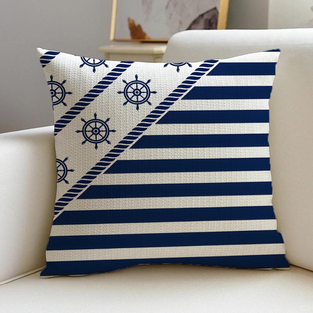 P-Nautical Style Cushion Cover Natural Linen Pillowcase Set, All-In-One Decor For Sofa, Bedroom & Chair