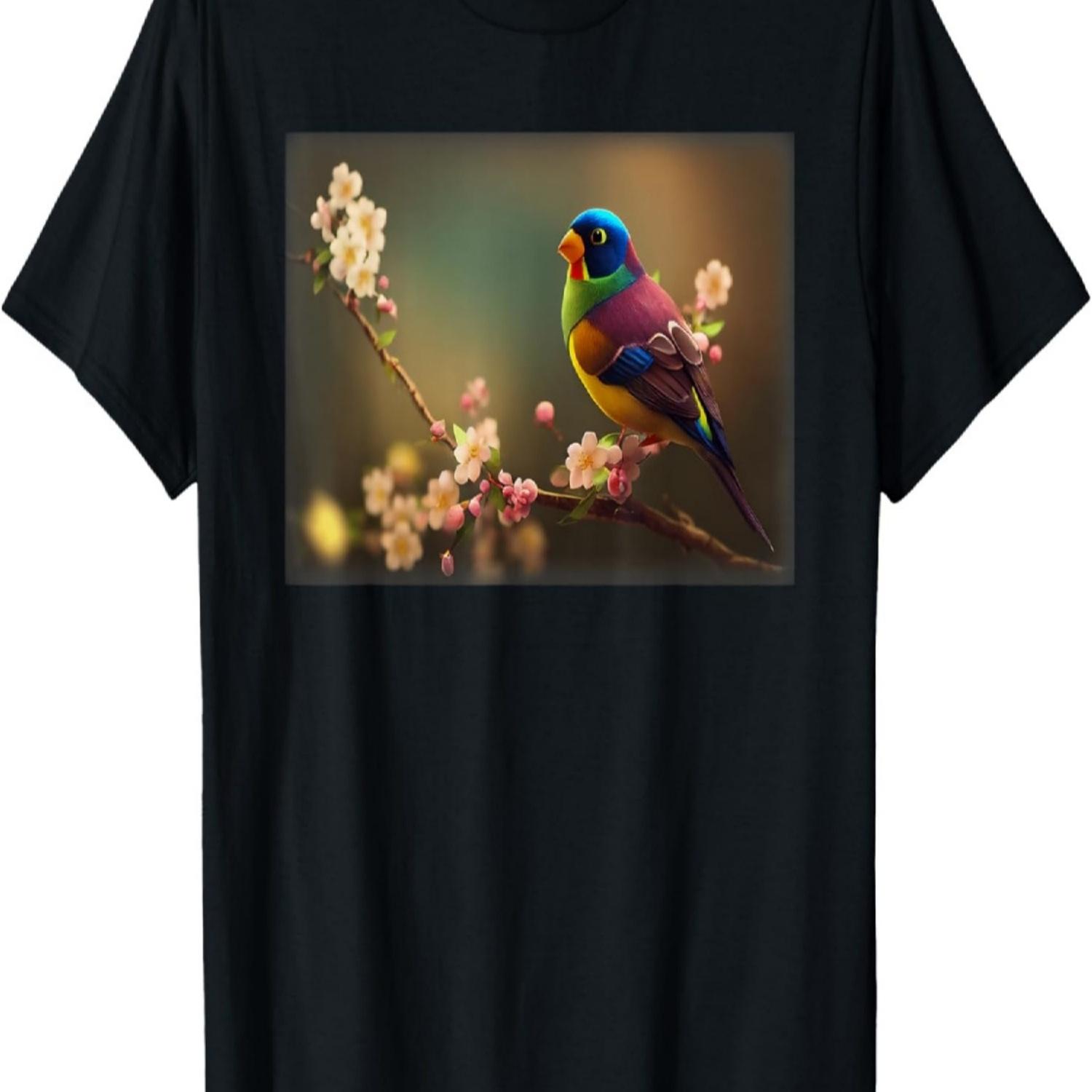 Finch Perched Cherry Blossom Branch Muted Verdant T-Shirt S