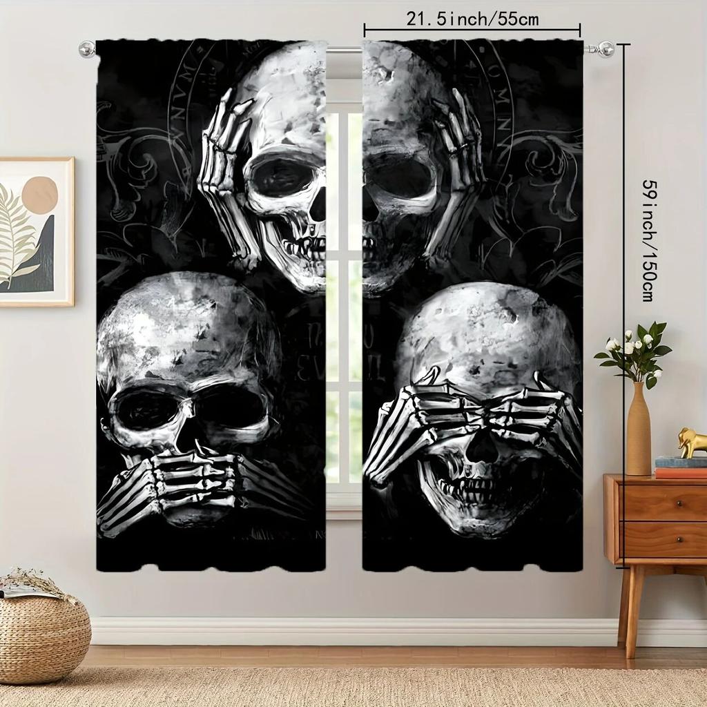 2-piece black skull print blackout curtains - pole bag design, suitable for bedroom, living room, office and home decoration