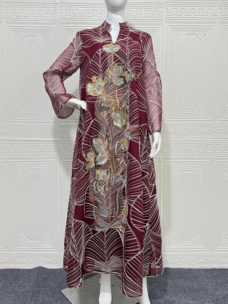 NC132 Embroidered Mesh Abaya Dress - Dubai Style