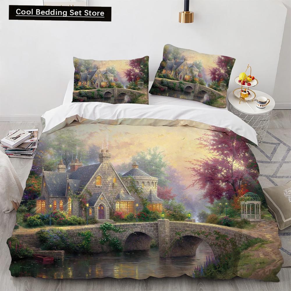 Oil Painting King Queen Duvet Cover Vintage Building Landscape Bedding Set for Adults Retro Art 2/3pcs polyester Quilt Cover