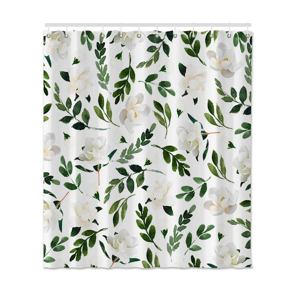 Flowers Leaves Printed Shower Curtain Waterproof Bathroom Shower Curtain With Hooks Polyester Fabric Bath Shower Curtain Decor