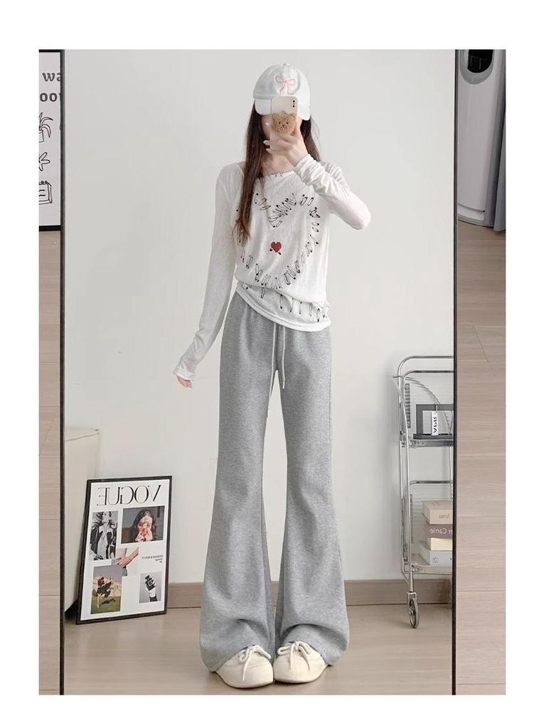 Petite Gray Micro Flare Sweatpants - High Waist, Draped American Style for Spring & Autumn (145)