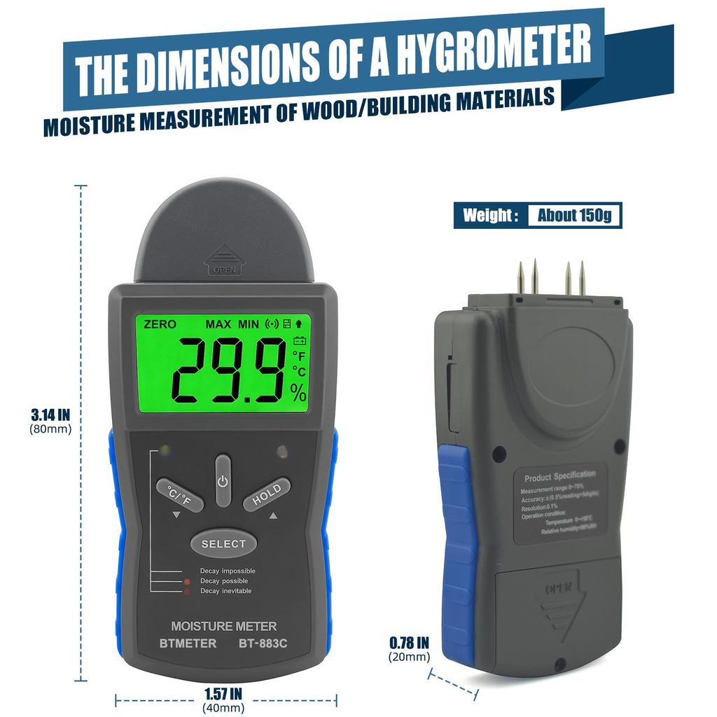 Precision Wood & Hardened Material Moisture Meter, 6%~42%/0.2%~2% Range, with Temp Sensor, LCD Backlight, Portable