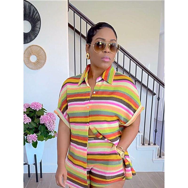 

Summer New Cross-Border European and American Amazon Stripe Women clothes Two-piece Set Fashion Casual Short Elastic Pants Set Suit Yellow XL