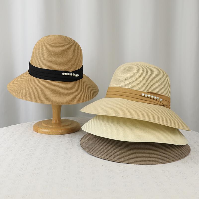 Zealous Sole Women's Black 6178-New Summer Sun-Protective Hat - Trendy Pearl Straw Hat For Beachandvacation-Large-Brimmed Sun Hatforoutdooractivies Cm