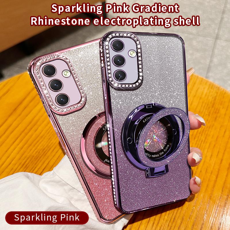 Diamond Glitter Plating For Magsafe Phone Holder Case For Samsung Galaxy A15 A14 A13 A55 A54 A53 A52 4G 5G Stand Silicone Cover