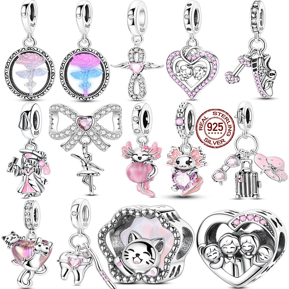 New Design Pink Series Bow Love Zircon Charms Fit Original Charm Pendent Dangle Bead Bracelet Necklace Diy Women Jewelry Gift