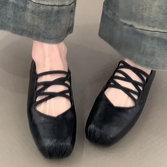 Cowhide Version French Square Head Cross with Pig Nose Mary Jane Shoes Children's Flat-soled Single Shoes Shallow Mouth Soft-soled Ballet Shoes