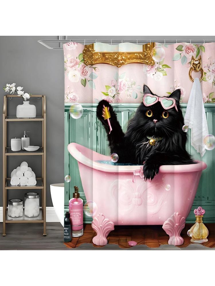 

Black Cat With Sunglasses Sitting In Tub Painting Nails Funky Shower Curtain, Bathroom Decorative Shower Curtain, Waterproof Sho W60H190(CM)-1 Pcs