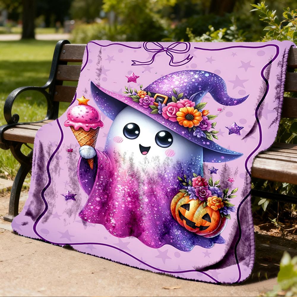 1pc Ghost Witch Hat Throw Blanket Polyester Fiber, Lightweight Flannel, Soft & Warm, All Season Use for Outdoor, Camping Digital Print