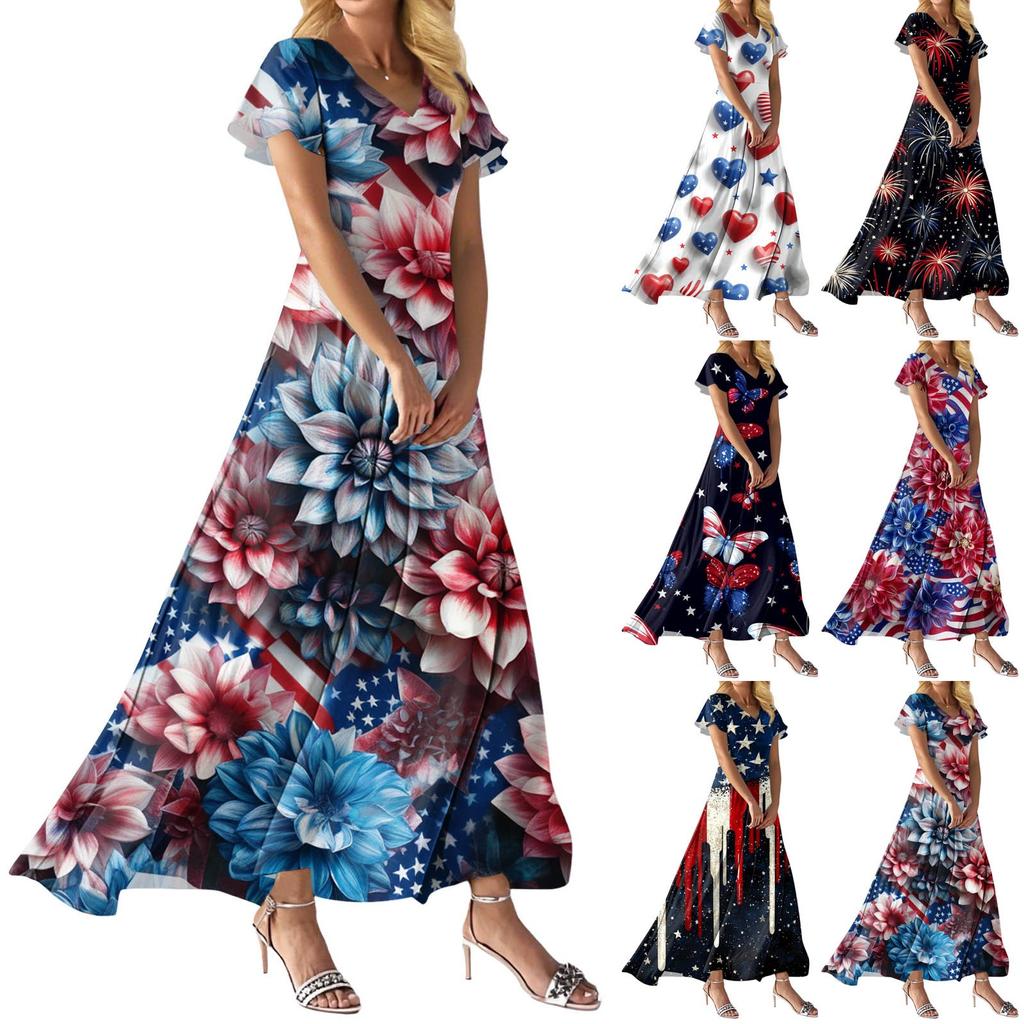 FashWomen's Loose Casual V-Neck Short Sleeved High Waisted Print Dress