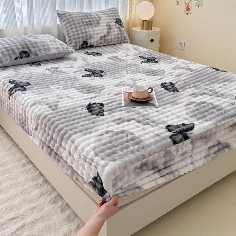Fluffy Plush Fitted Bed Sheet Cartoon Long Hair Fleece Bed Cover for Double Bed Fundas De Colchón Winter Warm Mattress Cover