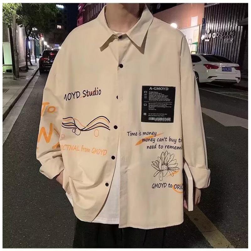 Men's Harajuku Style Fashion Cardigan Jacket: Casual, Handsome, Letter Print Long Sleeve Lapel Shirt