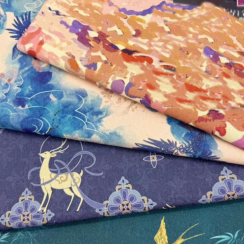 0.5m/1m/2m Oriental Aesthetic Elements Printed Encrypted Cotton Linen Fabric for Tablecloth Sofa Cover Curtain Decorative Cloth