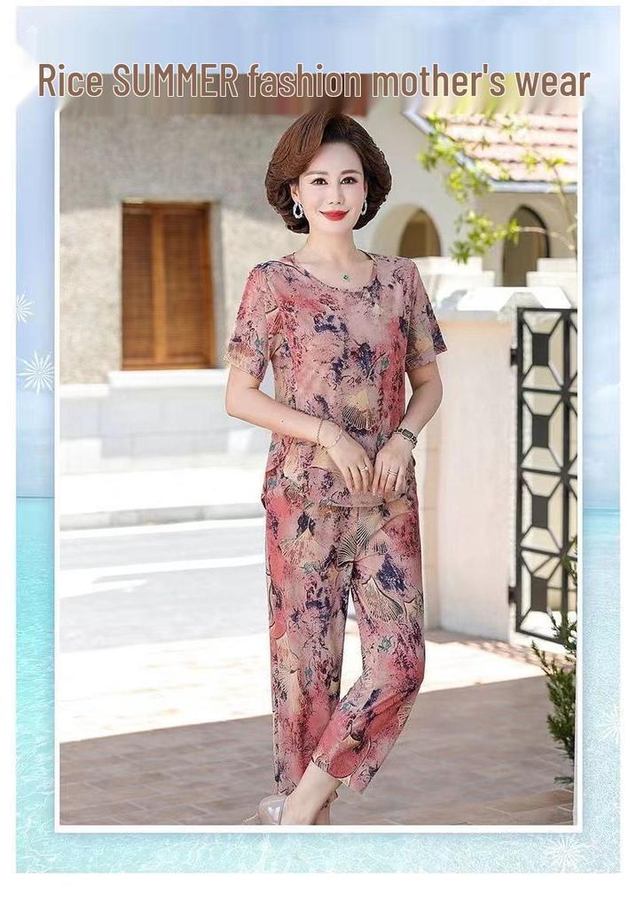 Summer Ice Silk Casual Suit for Elderly Women: Short Sleeve Fashion Outfit for Mothers and Grandmothers