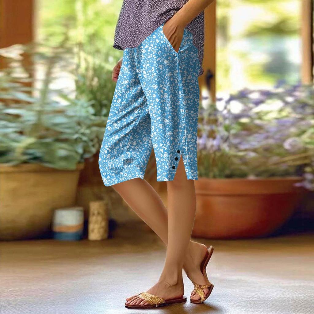 Dámské potištěné kalhoty Módní kapsa Elastický pas Ležérní šortky