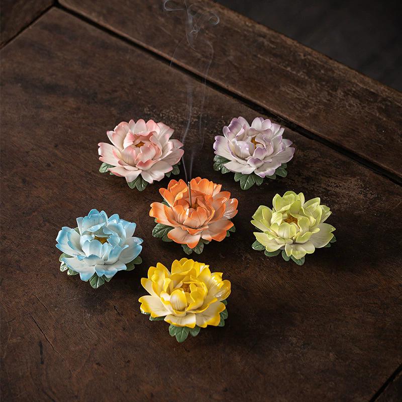 Peony Incense Holder Ceramic Pinched Flower Incense Stick Holder, Creative Art Home Decor Zen Burner for Aromatherapy, Gift