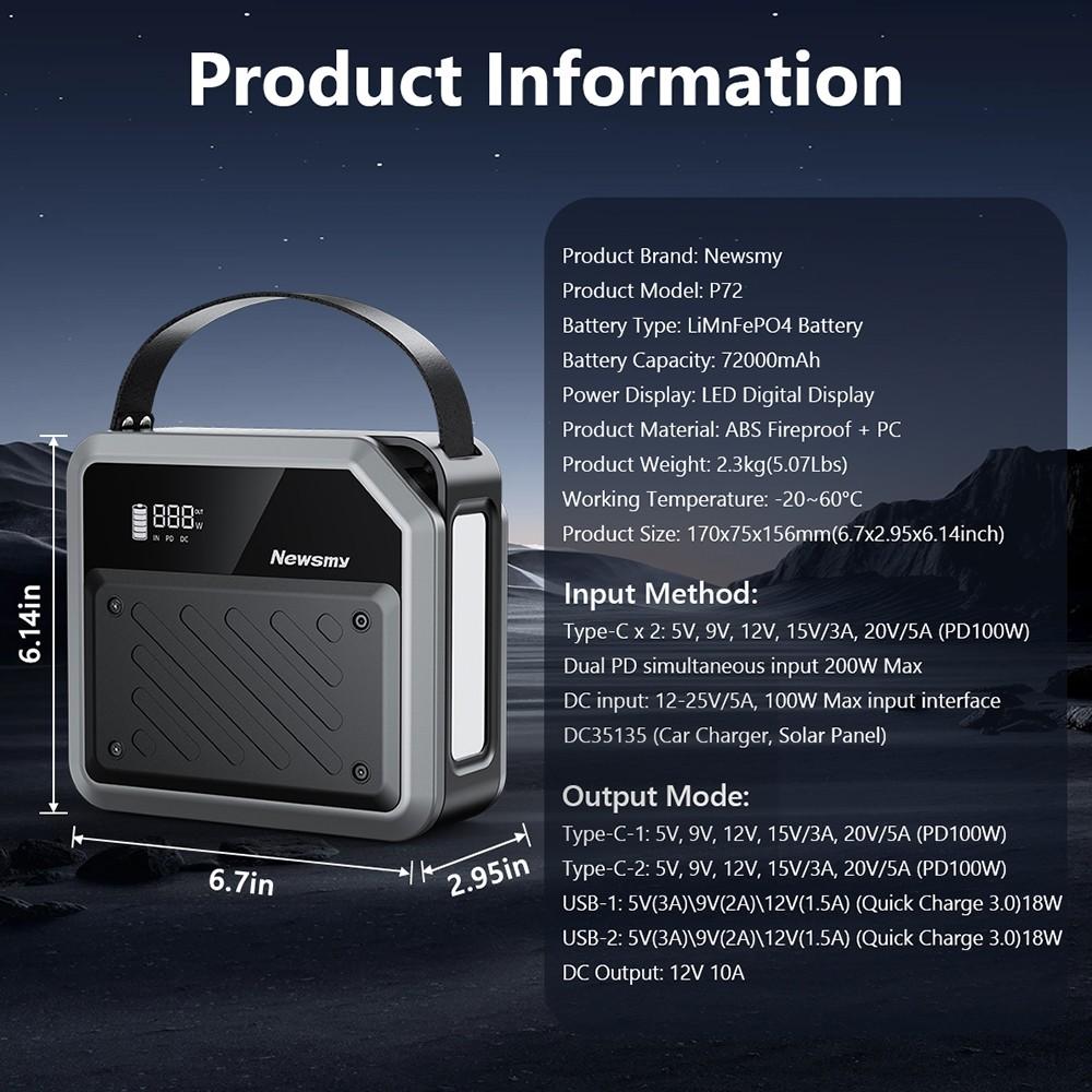 NEWSMY P72 Portable Power Station, 268W 270Wh/72000mAh LiMnFePO4 Battery with Spotlight, 2×100W USB-C PD, 5 Output