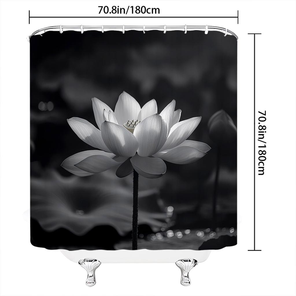 Black & White Lotus Flower Shower Curtain - Serene Blooming Petals & Water Lily Design, Tranquil Aesthetic,  Washable Polyester