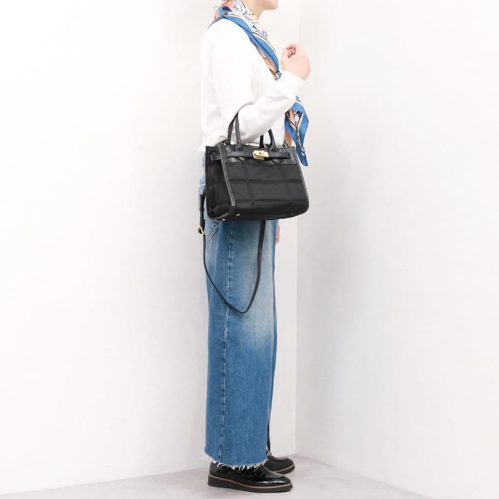 [Perke] Nylon quilted x Crocodile embossed cowhide 2-way tote bag S