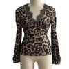 New Women's V-neck Puff Sleeve Contrasting Lace Leopard Print Slim Fit T-shirt Top