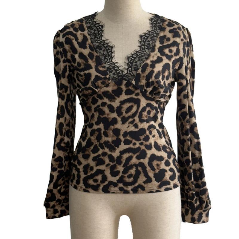 New Women's V-neck Puff Sleeve Contrasting Lace Leopard Print Slim Fit T-shirt Top