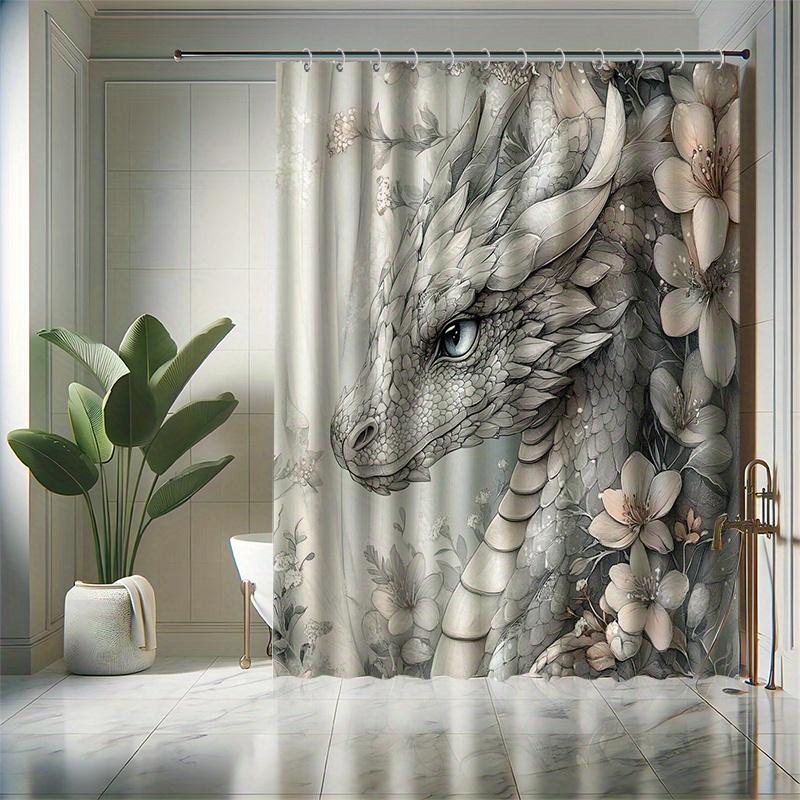 White Dragon & Floral Shower Curtain Set -Fantasy Cartoon Theme,Water-Resistant Polyester,Machine Washable,Modern Bathroom Decor