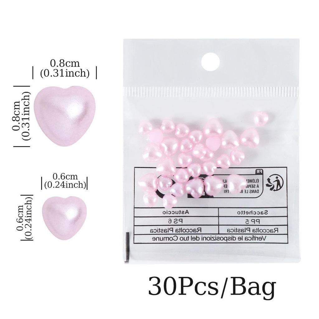 30pcs Pink Pearl Heart Nail Art Charms Mixed Size 3D Love Heart Nail Decoration Kawaii Accessories Valentine's Day Nail Design Supplies
