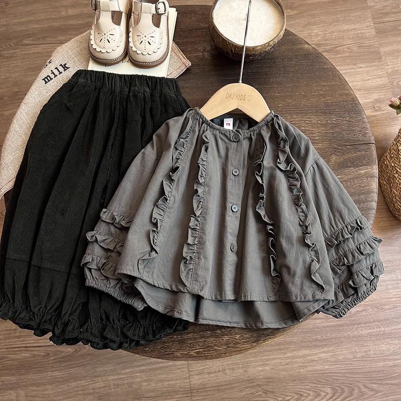 Girls Cotton Set Floral Lace Trim Blouse Pleated Bloomers Pants 3-8 Years