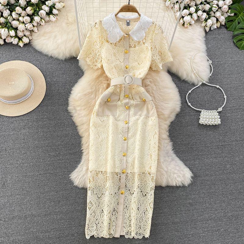 

Doll Collar Cut Out Lace Dress Elegant Short Sleeve Yellow 2XL