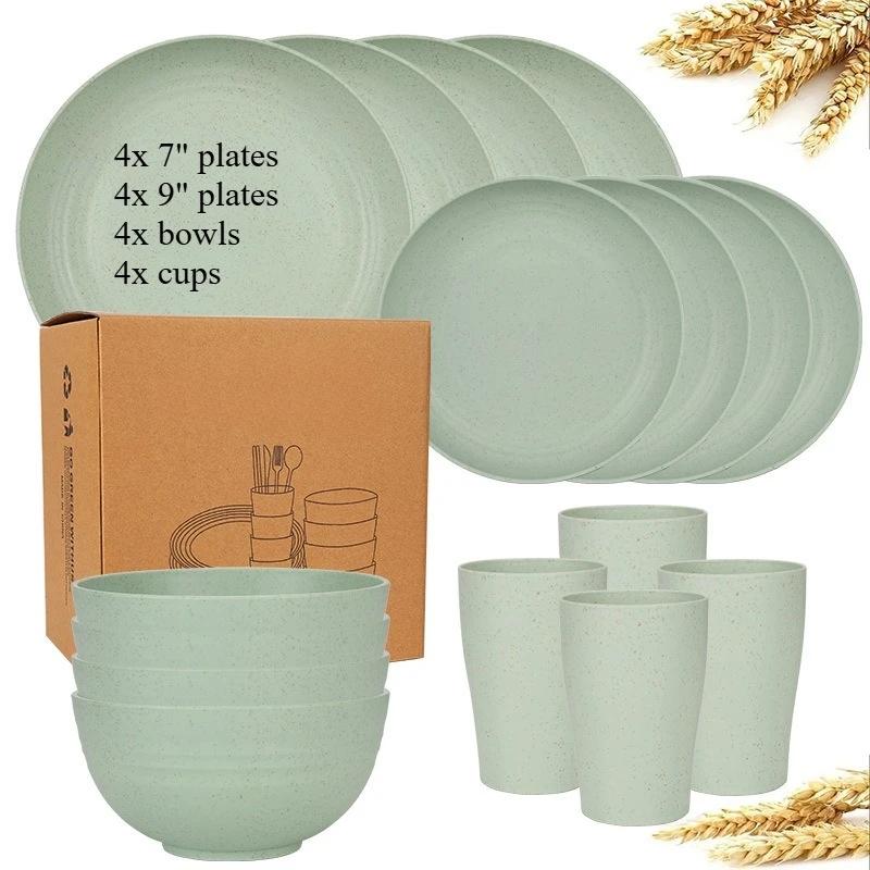 Set di Posate e Stoviglie in Paglia di Grano Naturale Set da Cena Piatti, Ciotole, Tazze Biodegradabili Indistruttibili Leggeri per Cucina Campeggio