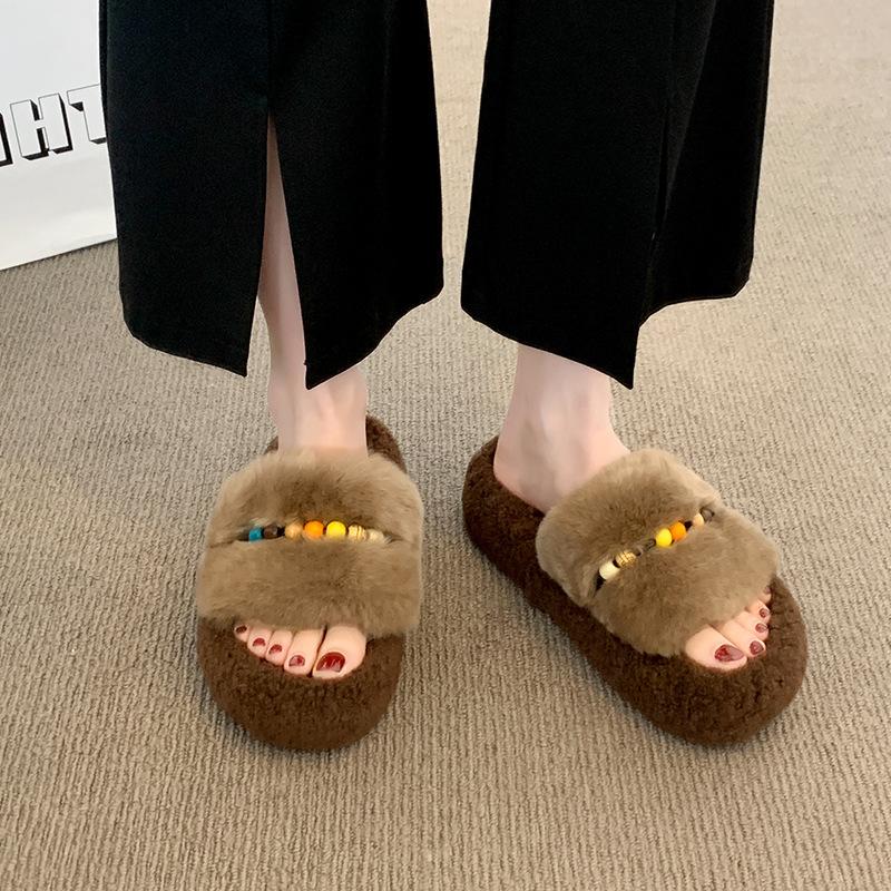 Thick-soled Fluffy Slippers Women's Outer Wear 2025 New Autumn Small Versatile Cotton Slippers Foreign Style Heightening Shoes