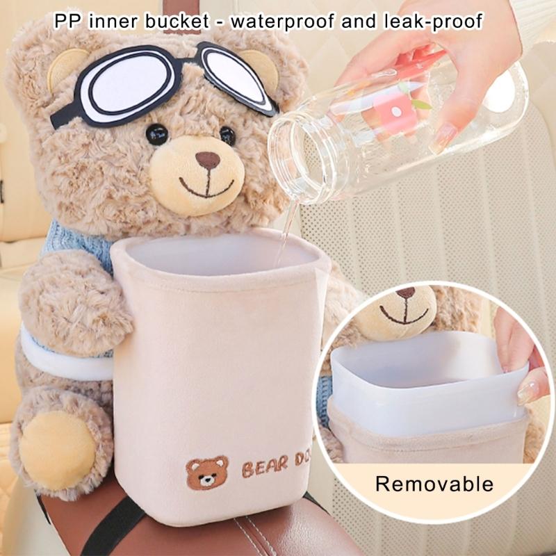 Plush Bear Shape Automotive Tissue Dispenser and Trash Can With Shake Proof Mounting and Leakproof Inner Container