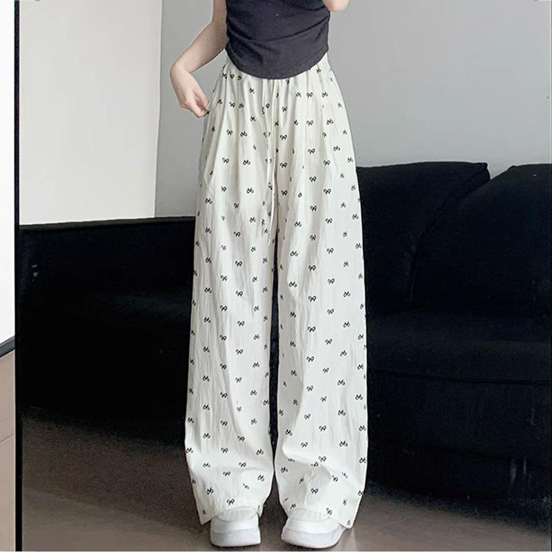 Women's Pants Elastic Waist Printed Tie Straight Draped Casual Pants Long Trousers