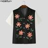 INCERUN Men Lapel Neck Short Sleeve Button Down Floral Print Stitching Casual Shirts Tops