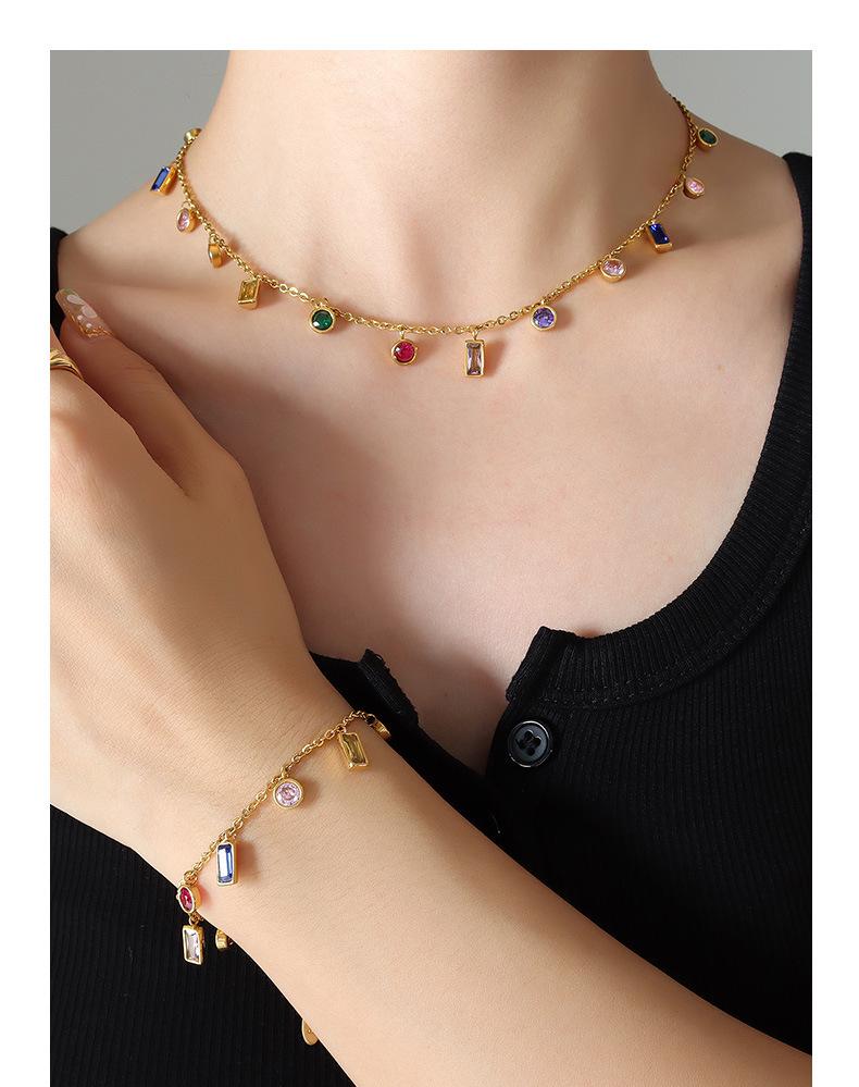 Luxury Multi-color Zircon Jewelry Set: Tassel Necklace with Niche Design Titanium Steel Bracelet