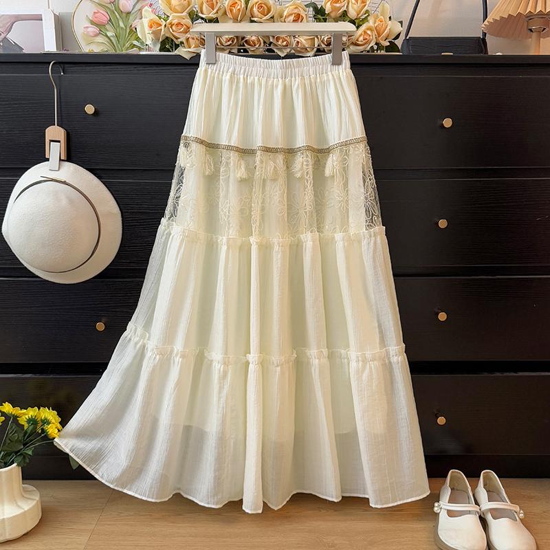 Dimanaf 2025 Summer Women White Skirts Lace Vintage Elastic Pleated Elegant Long Skirts New High Waist