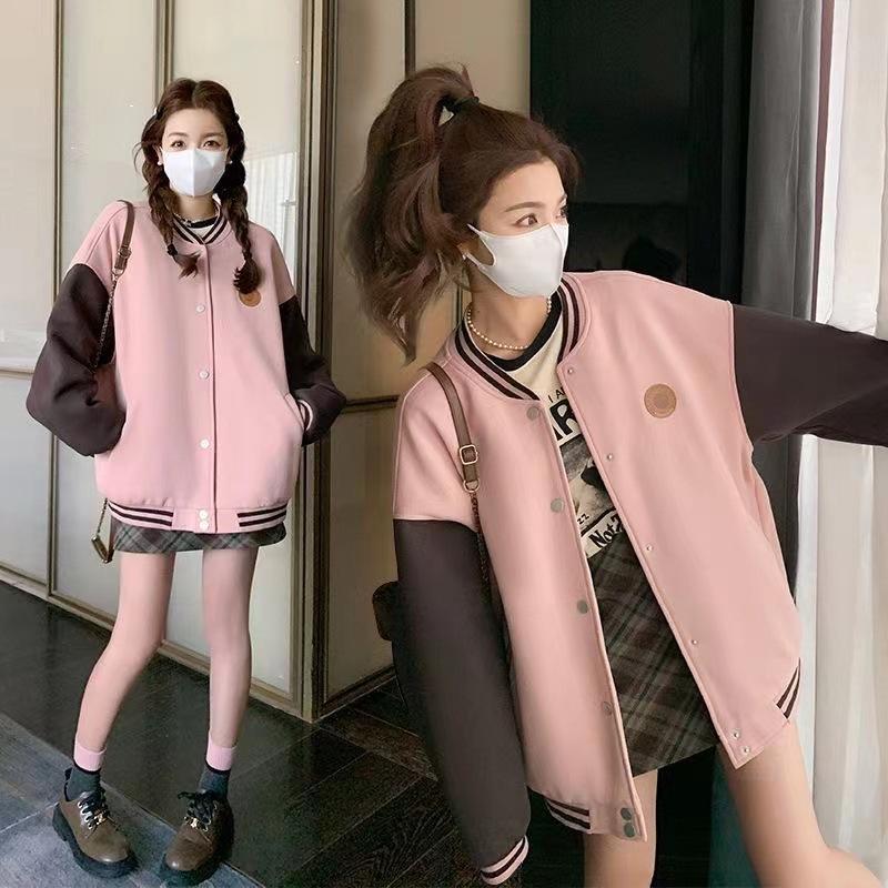 Women's Pink Retro College Style Baseball Jacket - Spring/Autumn Patchwork Casual Top
