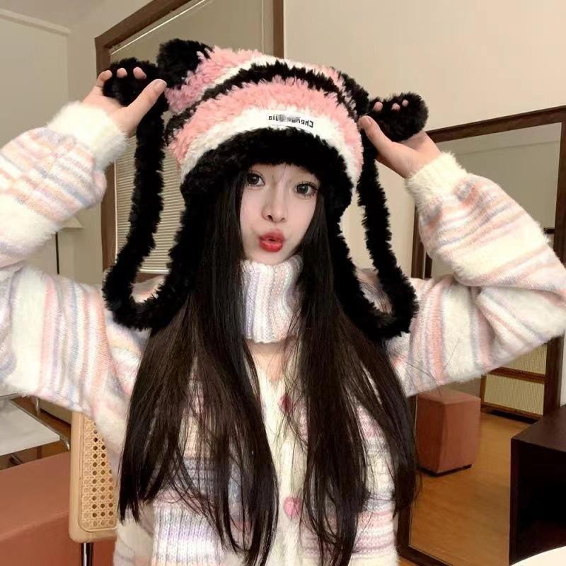 Plush Hat Female Winter Cute Bear Ears Striped Contrasting Color New Sweet Contrasting Color Knitted Wool Hat
