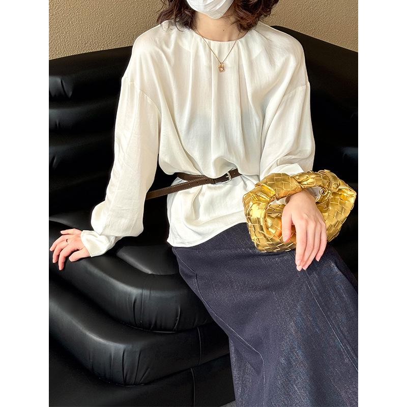 Juzhi Spring Korean Style Women's Tencel Long Sleeve Round Neck Shirt