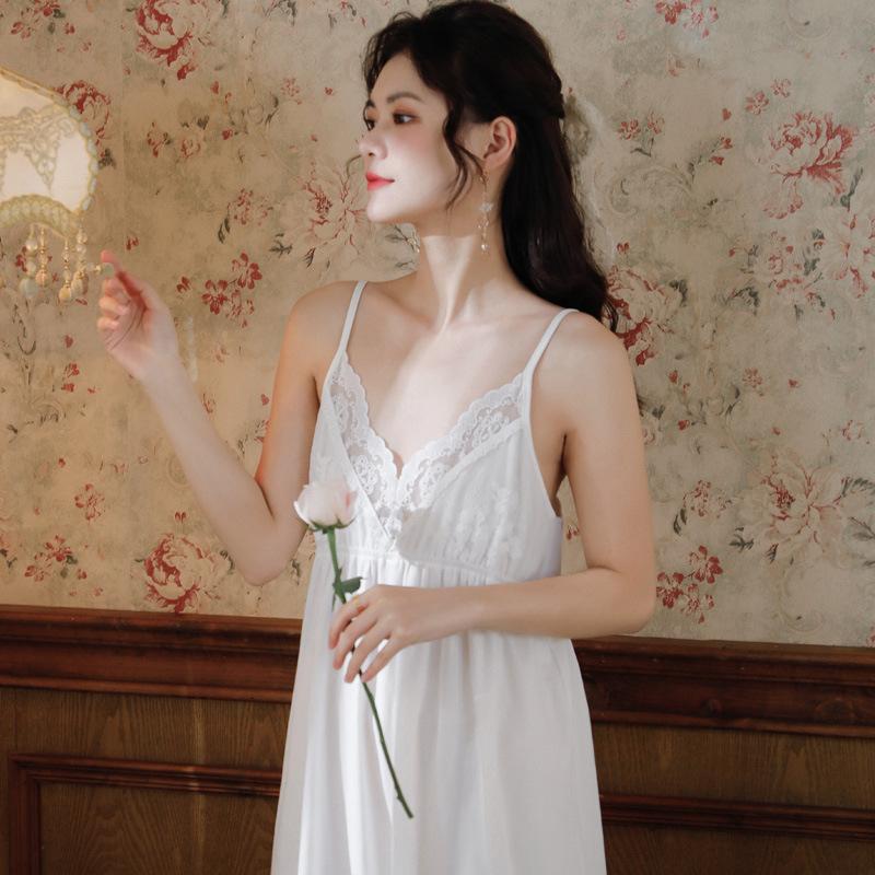 Suspender Nightgown Women's Summer Cotton Court Style Sexy Long Dress Lace Princess Pajamas Embroidered Chest Pad Can Be Worn Outside Loungewear