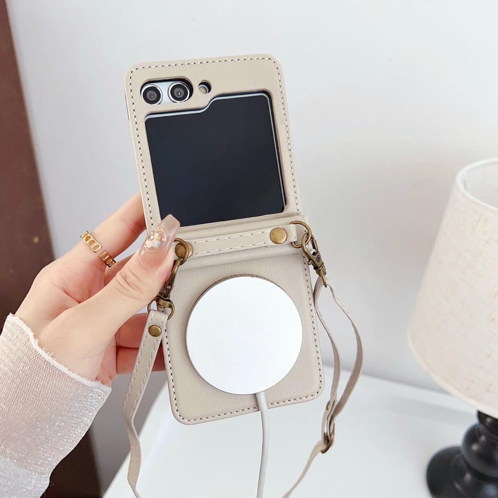 Applicable To Samsung Z Flip6 Mobile Phone Case Zflip5 Solid Color New Magnetic Suction Leather Case Diagonal Straddle Rope Mobile Phone Case