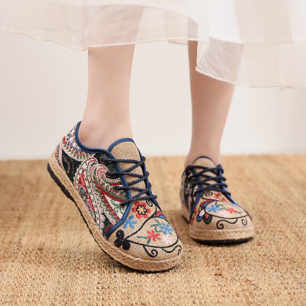 Women's Shoes Round Head Lace Up Cotton Linen Canvas Single National Woven Round Toe Lace Up Cloth Shoes Woman Flats