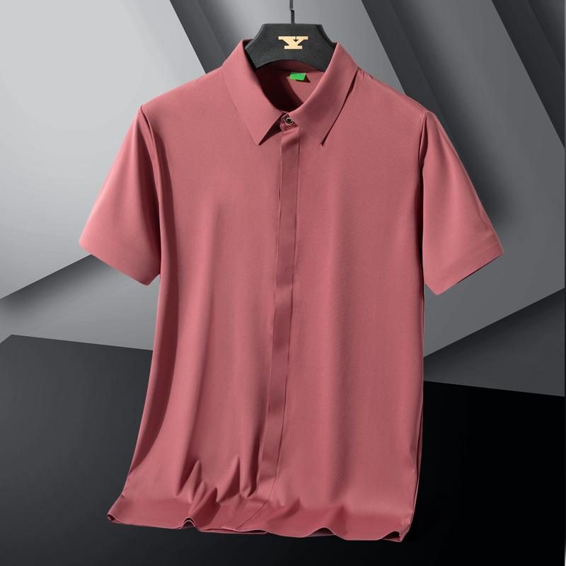 Ice Silk Men's Shirt Short Sleeved Summer Thin Stretch Middle-aged and Young Slim Fit Non Ironing Shirt