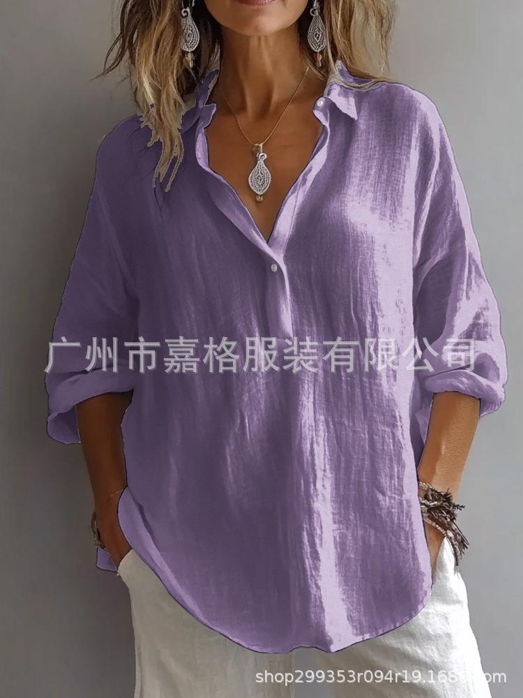 Spring and Summer, Solid Color Casual Loose Long Sleeve Linen Collar Shirt, Shirt Women