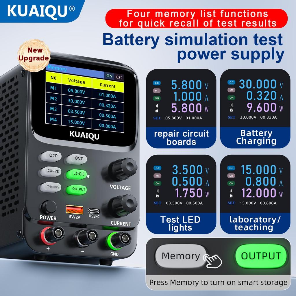 Regolatori di Tensione Variabili 0-30V 0-10A 300W, KUAIQU, Display TFT a 5 Cifre 0.01mA Visualizzazione Curva Tensione Corrente OCP OVP Per Rilevamento Consumo Energetico