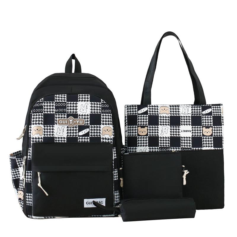 New Small Fresh and Cute Plaid Backpack Cartoon Bear Fashion Color Block Girl Backpack Junior High School Student School Bag